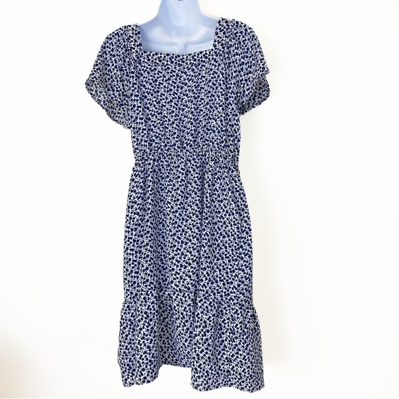 MONTEAU Navy White Mini Floral Square Neck Dress Prairie Country Summer Medium - Picture 5 of 9